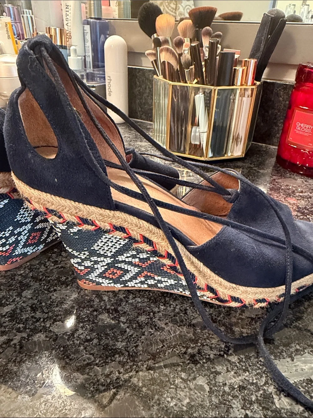 CAbi Navy Suede Lace-Up Espadrille Wedges with Patterned Heel